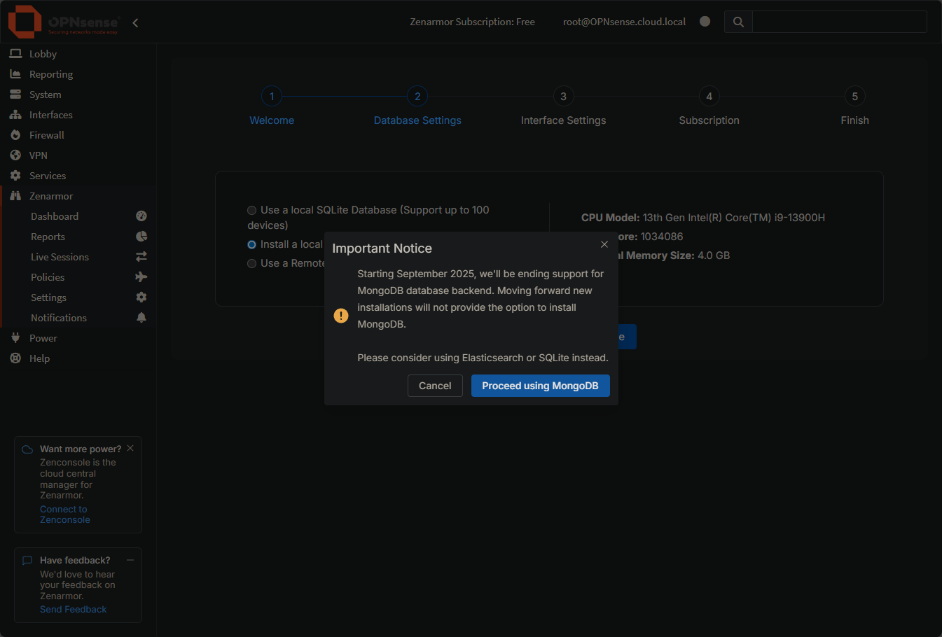 Notice trying to install mongo db for zenarmor