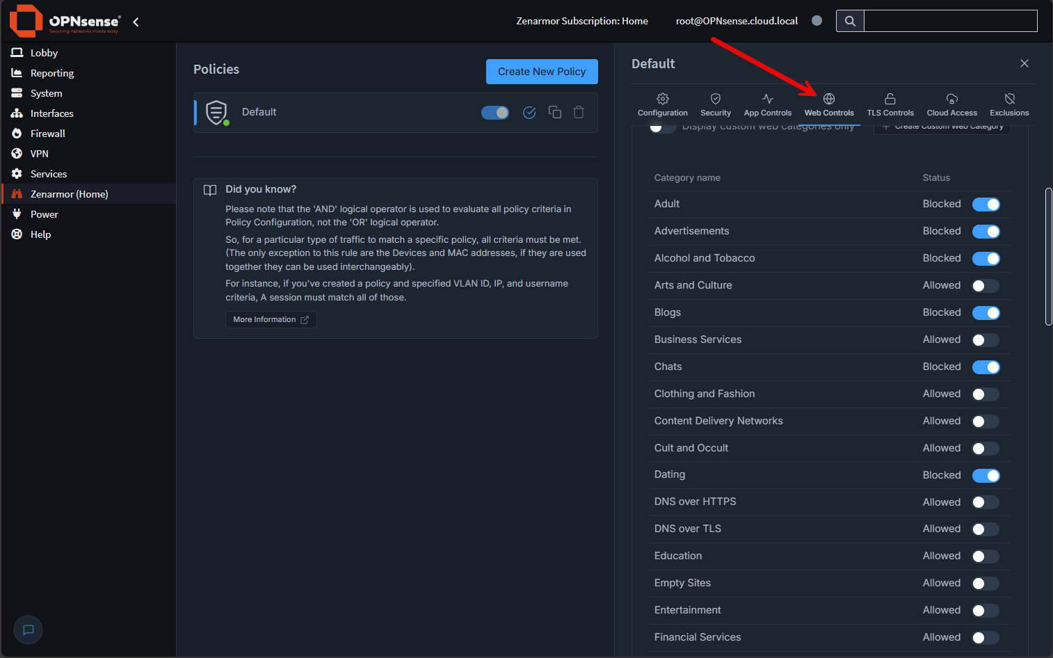 Web filter categories and controls