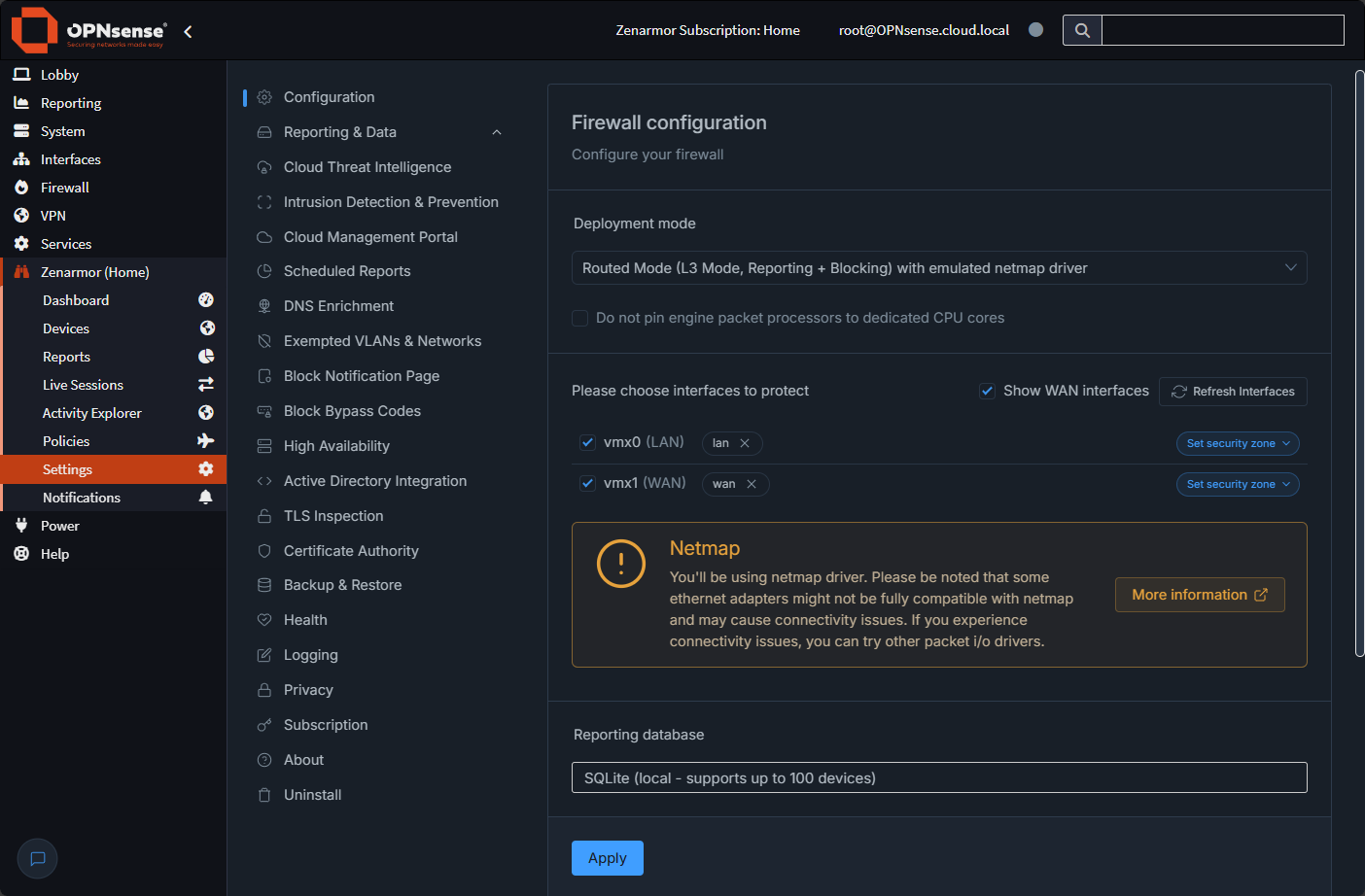 Zenarmor settings view in the console
