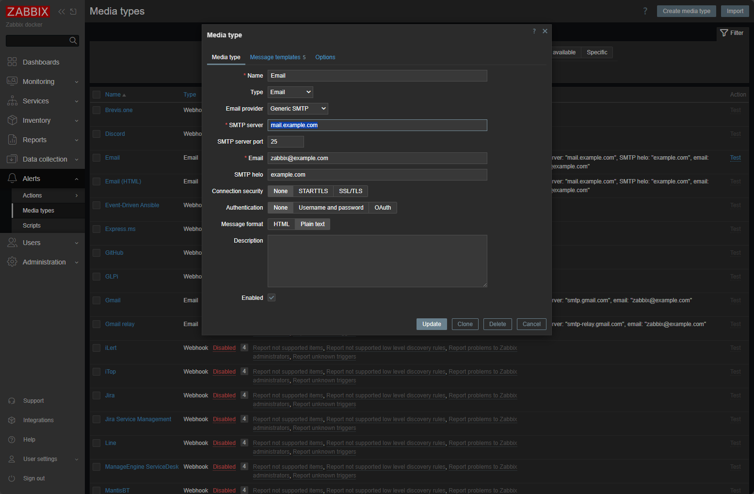 Configuring an smtp server in zabbix