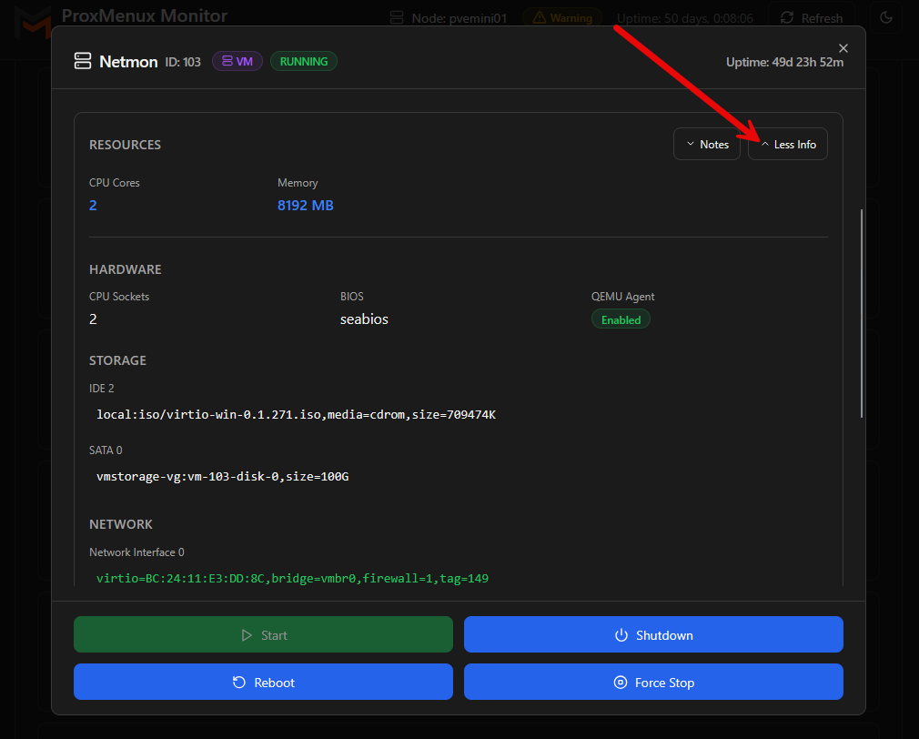 Detailed virtual machine and lxc container view in proxmenux monitor