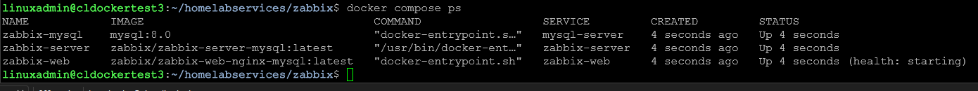 Running a docker compose ps to check zabbix health