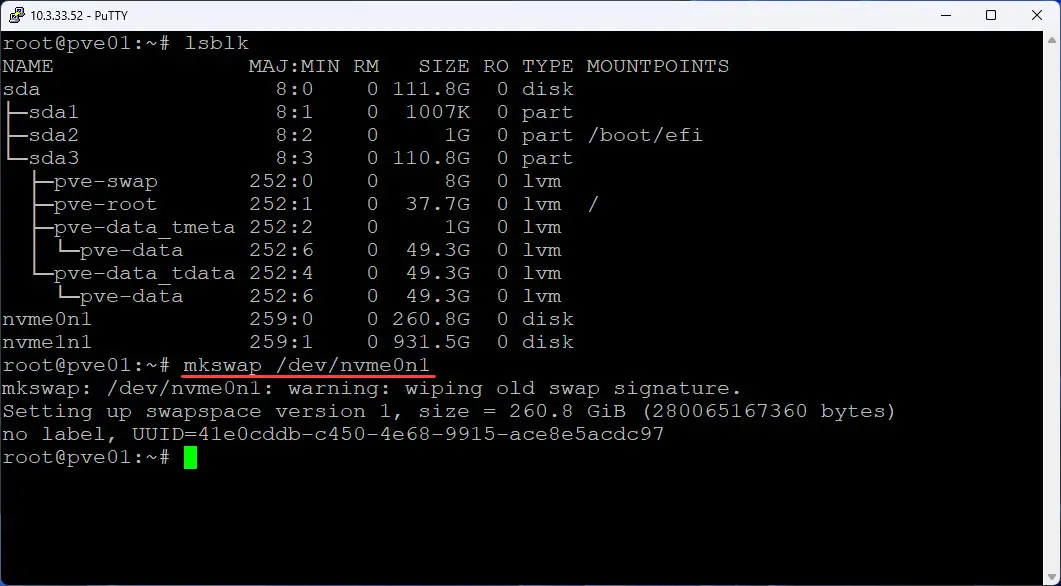 Running the mkswap command