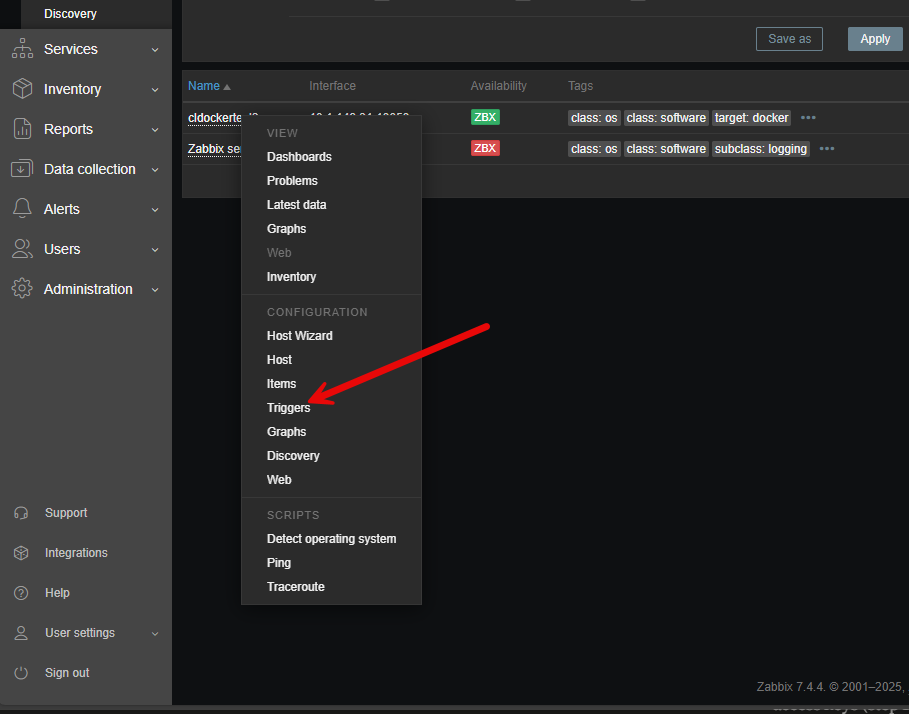 Setting up triggers on a docker host in zabbix