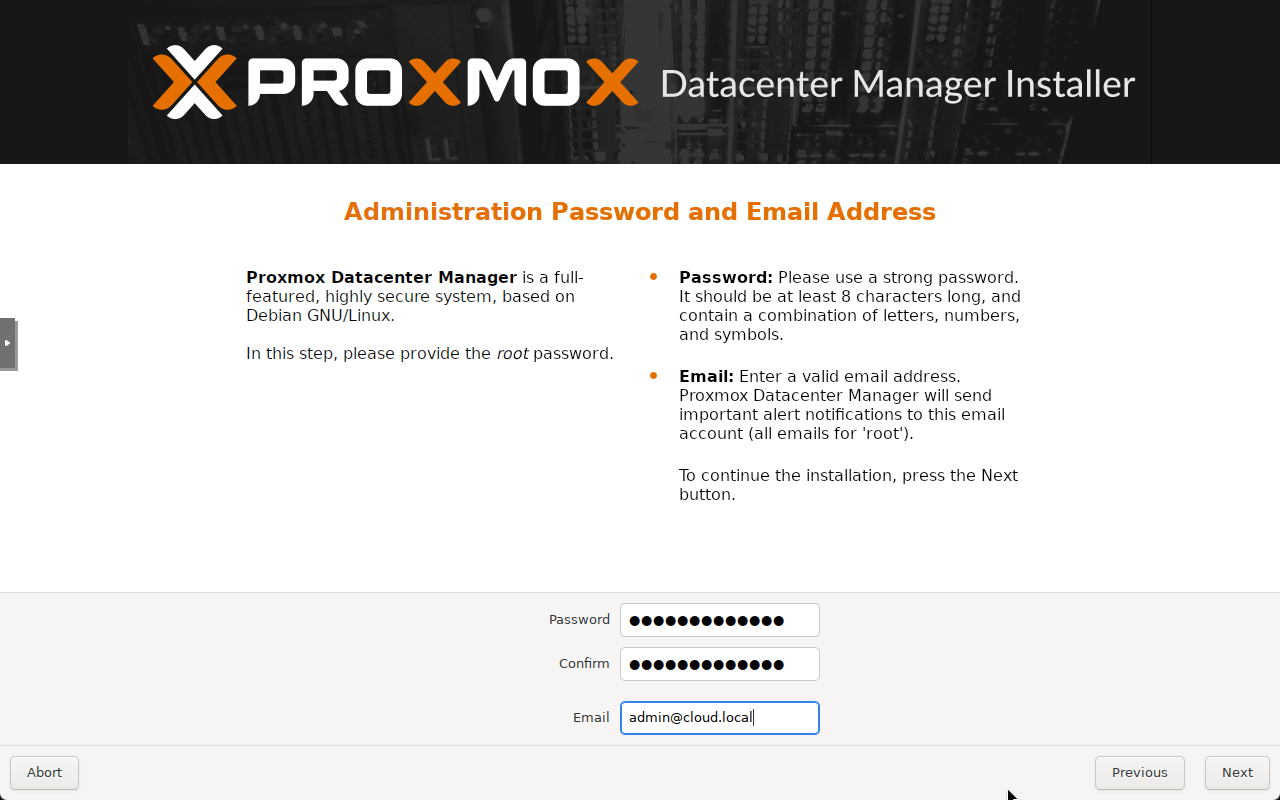 Admin password and email address