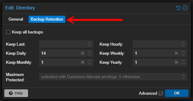 Backup retention in proxmox backup storage