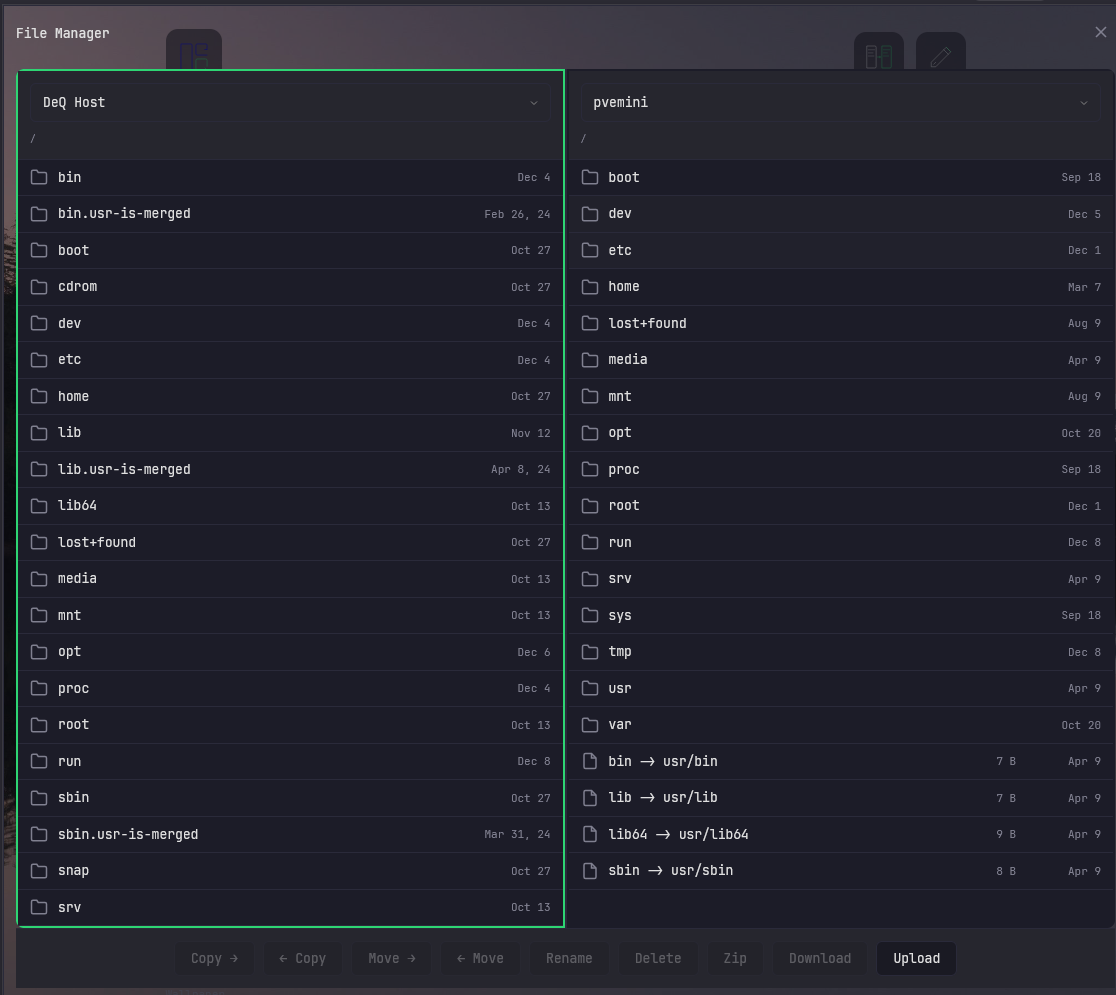 Built in file manager in deq that allows copying moving uploading and downloading files to your devices
