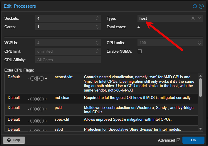 Changing the proxmox virtualized cpu to host