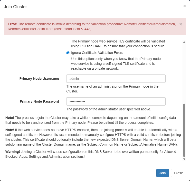 Check to ignore certificate errors on this screen as well without a proper cert