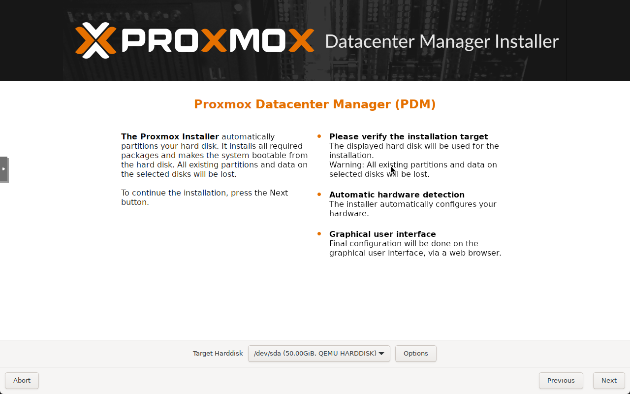 Choose the target disk for proxmox datacenter manager installation
