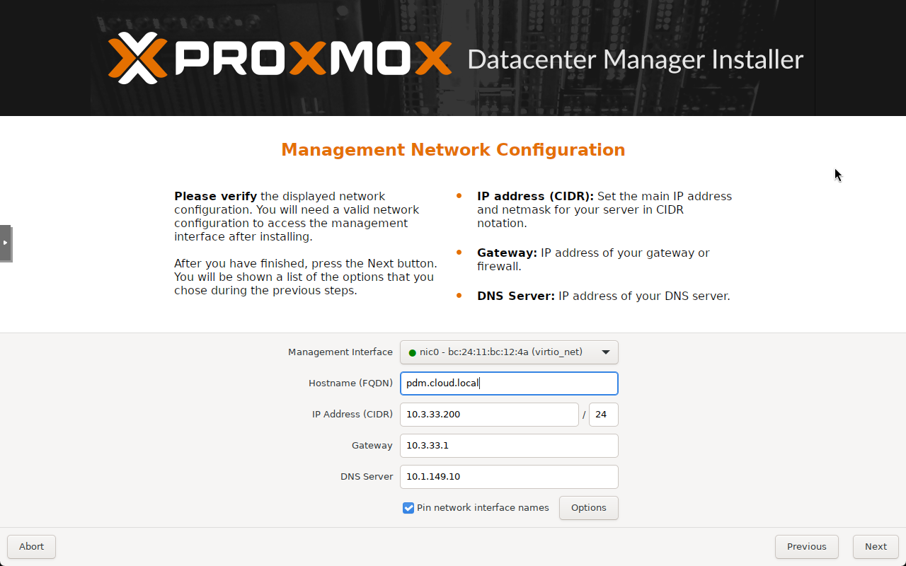 Configure the proxmox datacenter manager management network configuration