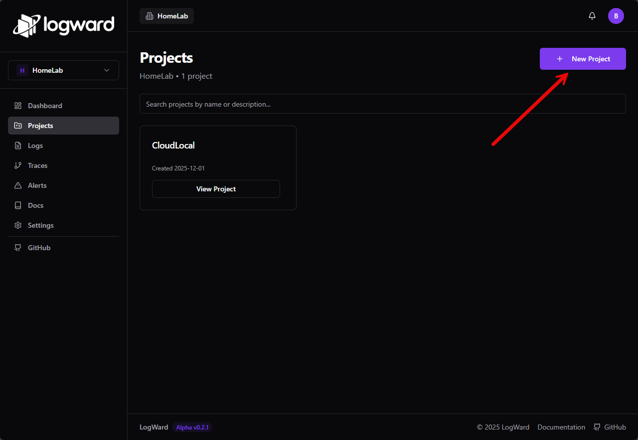 Creating a new project in logward