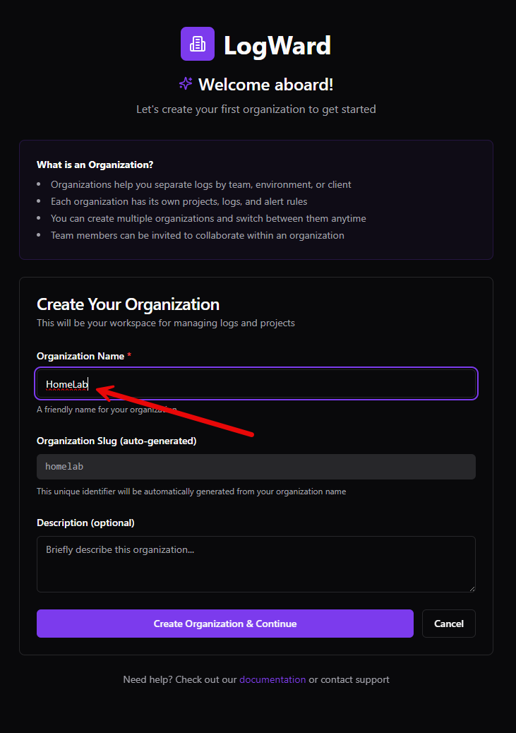 Creating your organization in logward