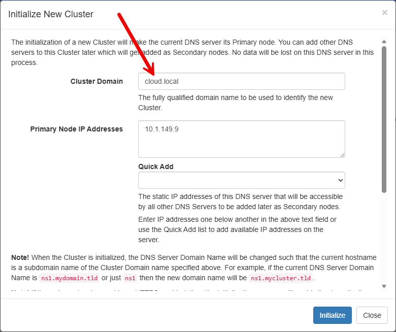 Initialize a new cluster with cluster domain and primary node ip 2