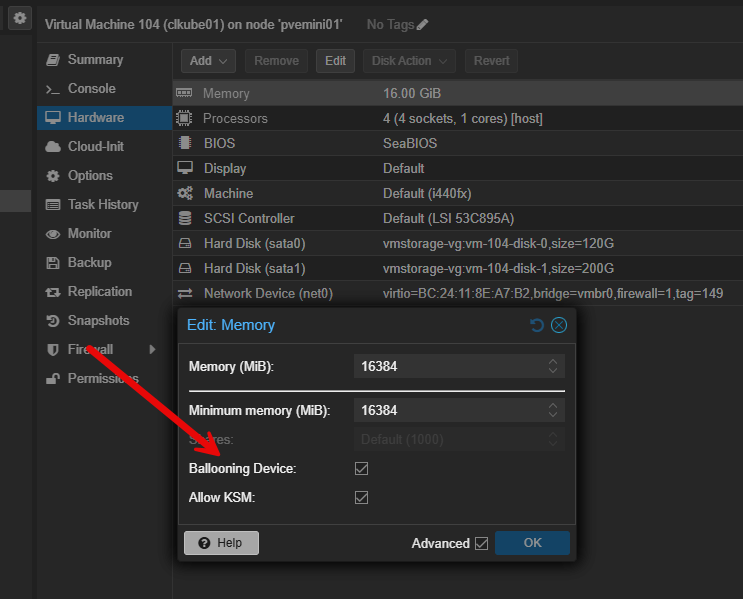Memory ballooning in proxmox