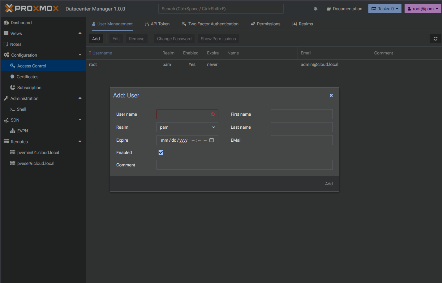 Role based access control in proxmox datacenter manager 1.0