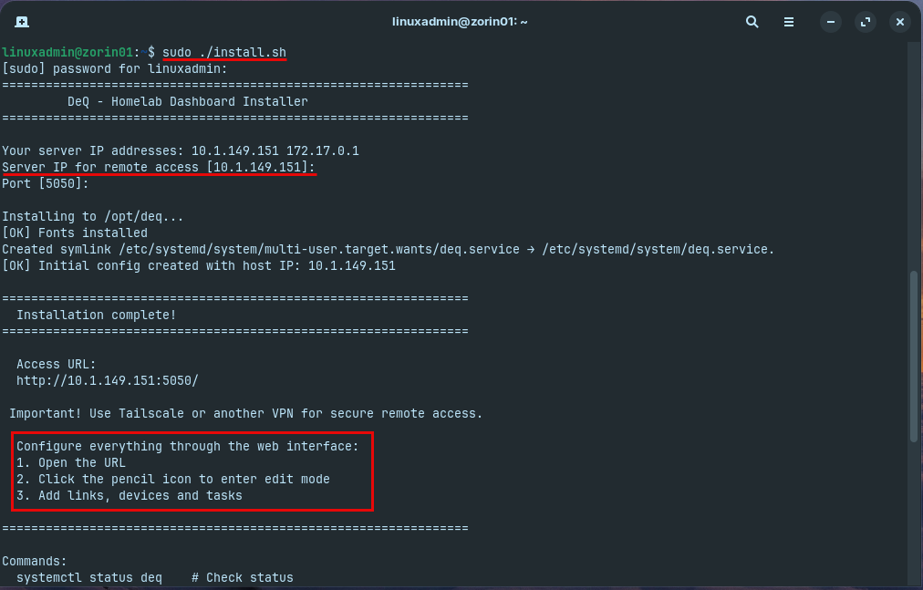 Running the install script and setting the server ip address