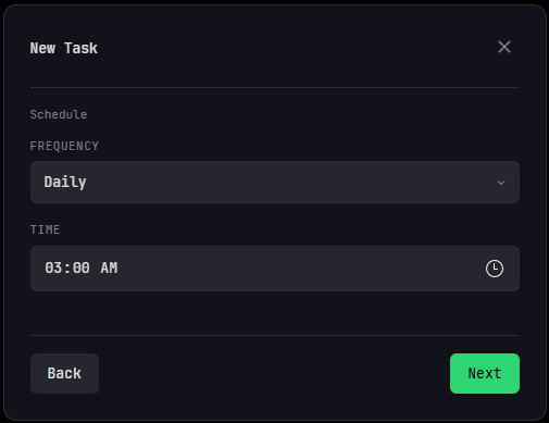 Setting a schedule for the new scheduled task in deq home lab dashboard