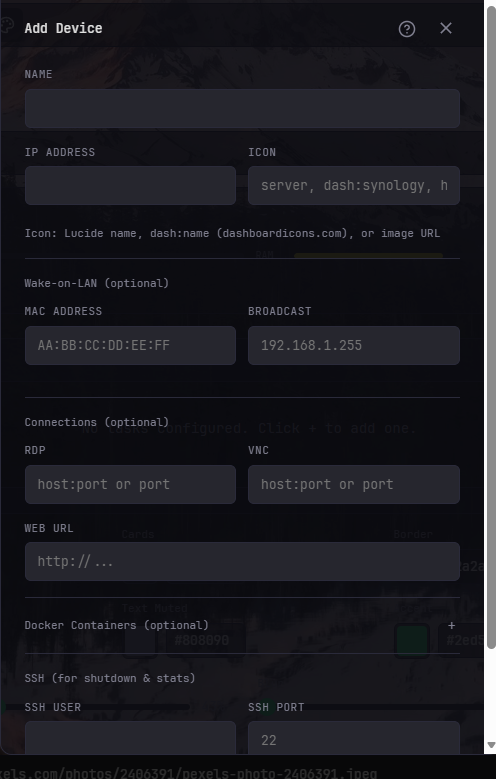 The add device dialog box for adding devices to deq dashboard