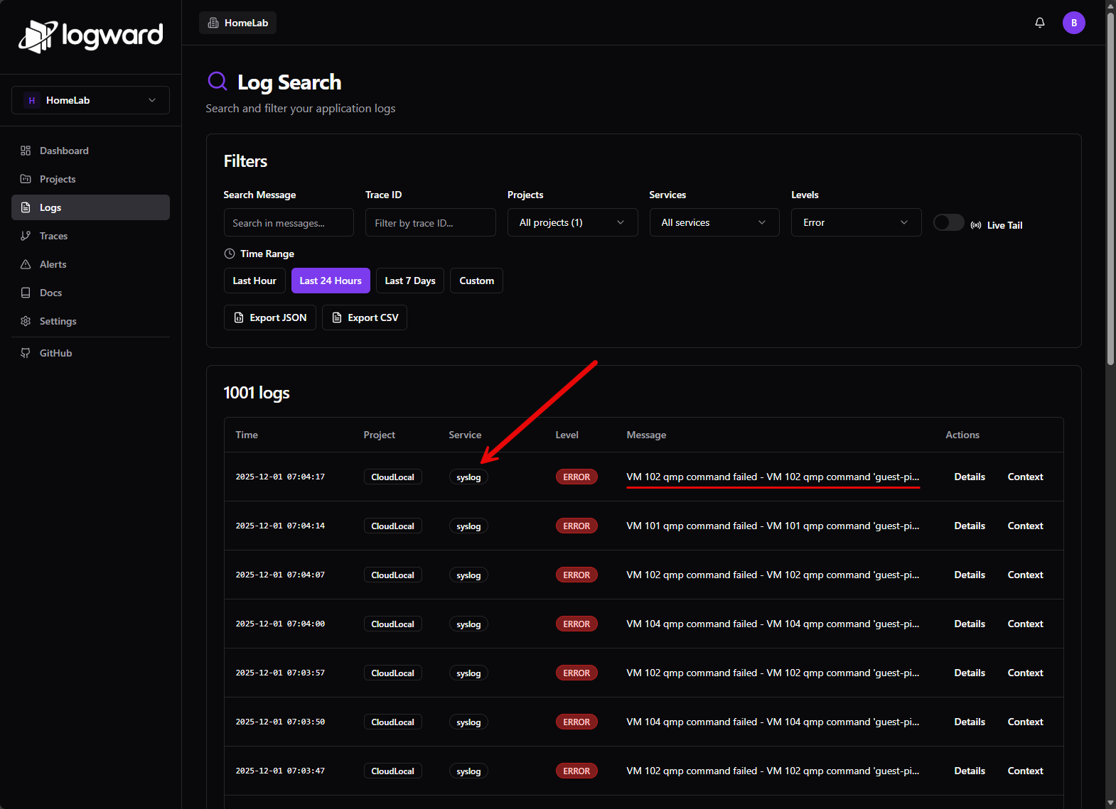 Viewing proxmox logs in logward