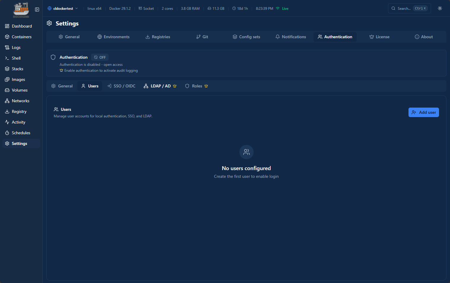 Authentication options in dockhand settings