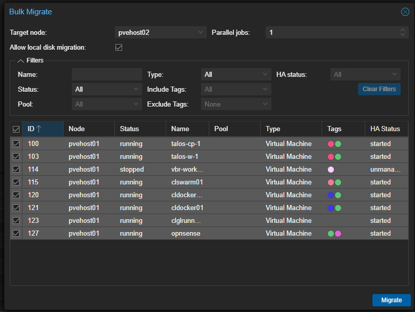 Bulk migrating virtual machines off one proxmox host to another