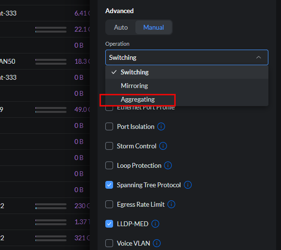 Changing the mode on a switch port to aggregating in unifi