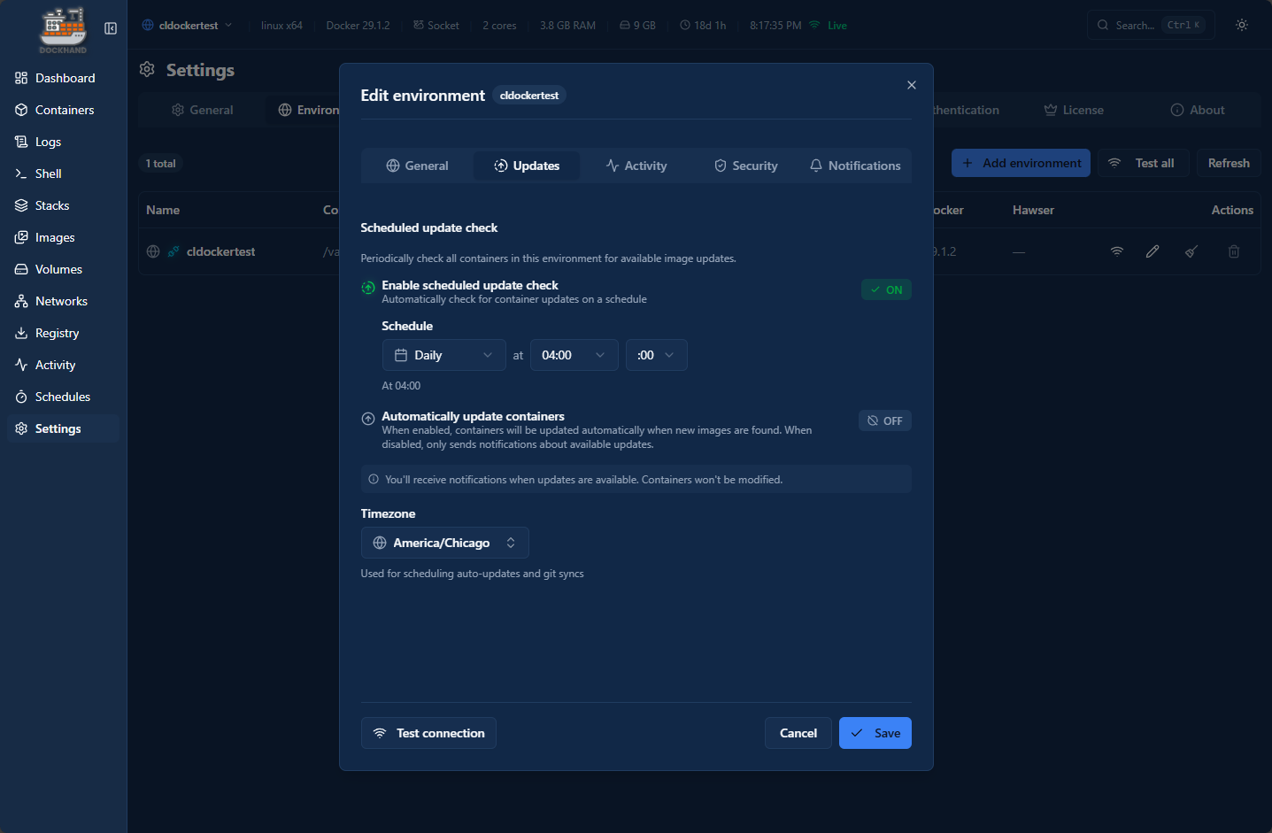 Configuring the automated update checks and updates in dockhand