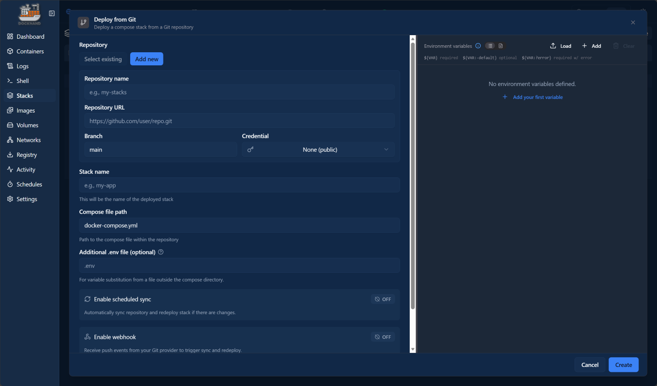 Docker stacks in dockhand with git repos