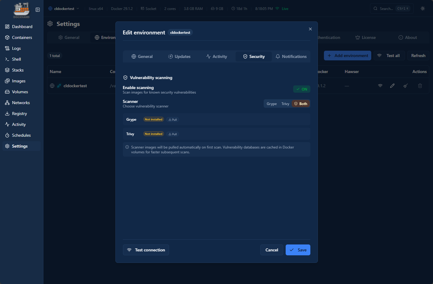 Enabling scheduled security scans in dockhand with trivvy and grype