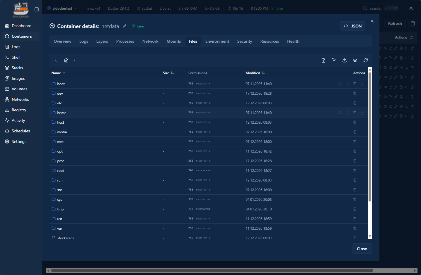 Files view in dockhand of your containers