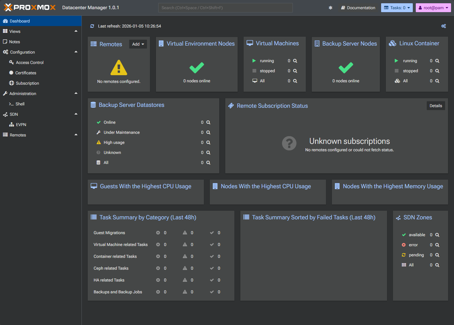 Logged into the containerized version of proxmox datacenter manager running in docker