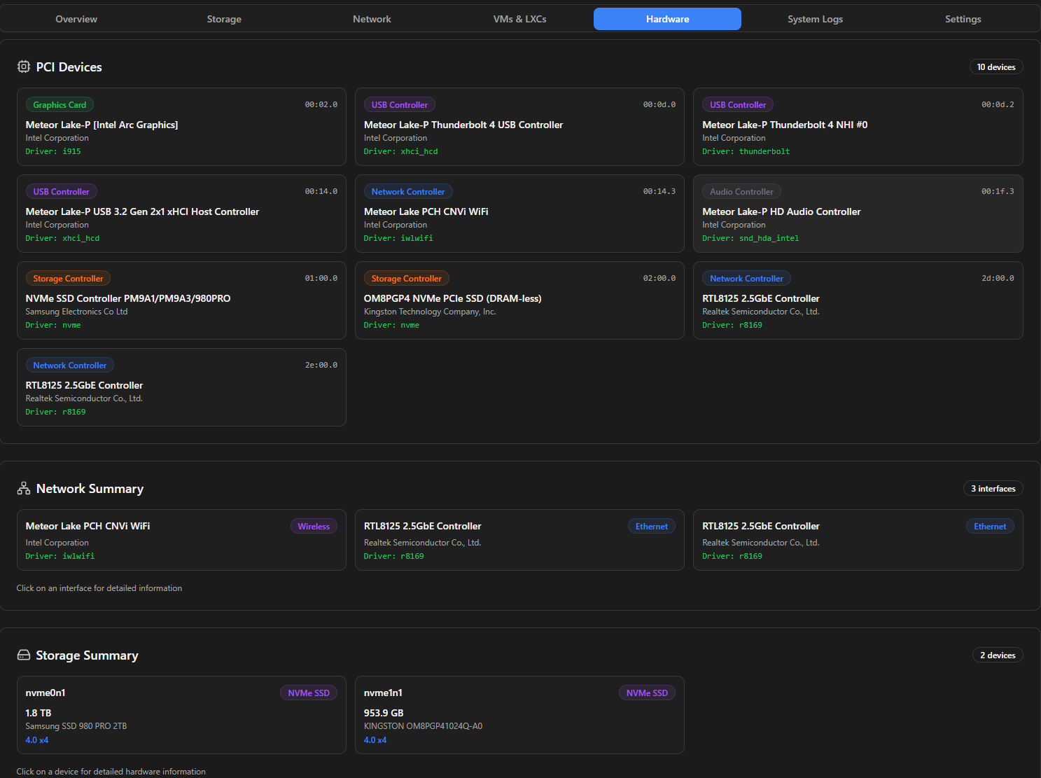 Pci information about the proxmox host hardware