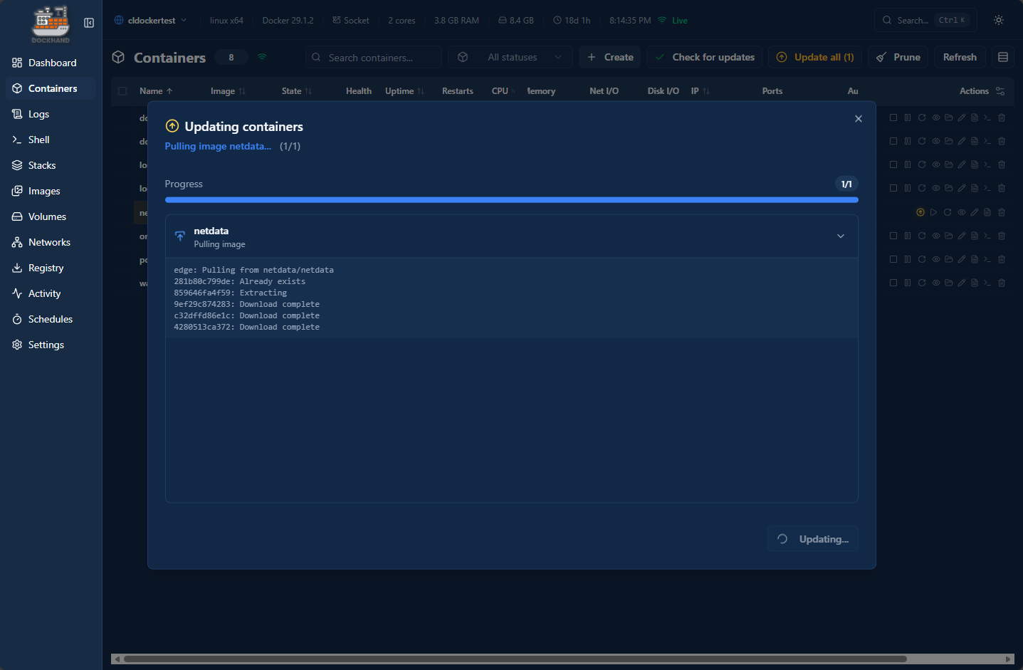 Performing a container image update in dockhand