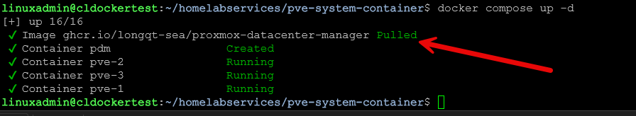 Running a docker compose up d for proxmox datacenter manager