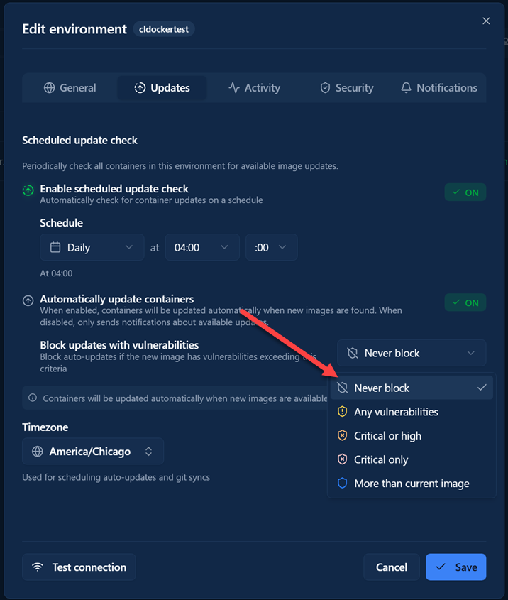 Setting container vulnerability tolerance with image updates in dockhand