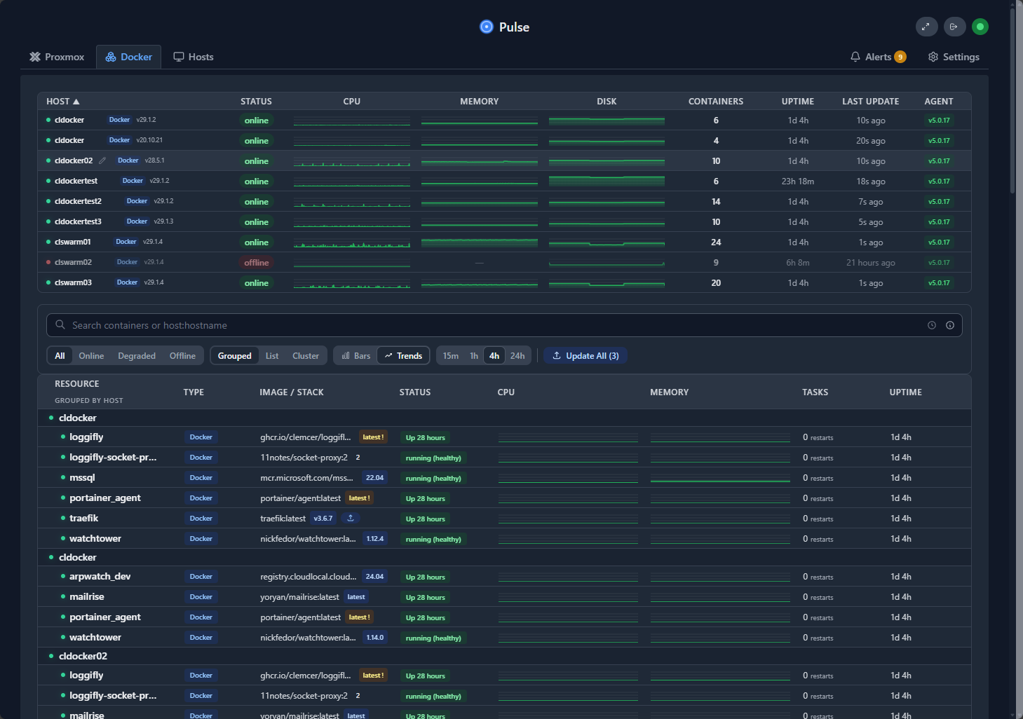 Viewing docker container performance metrics in pulse proxmox monitoring