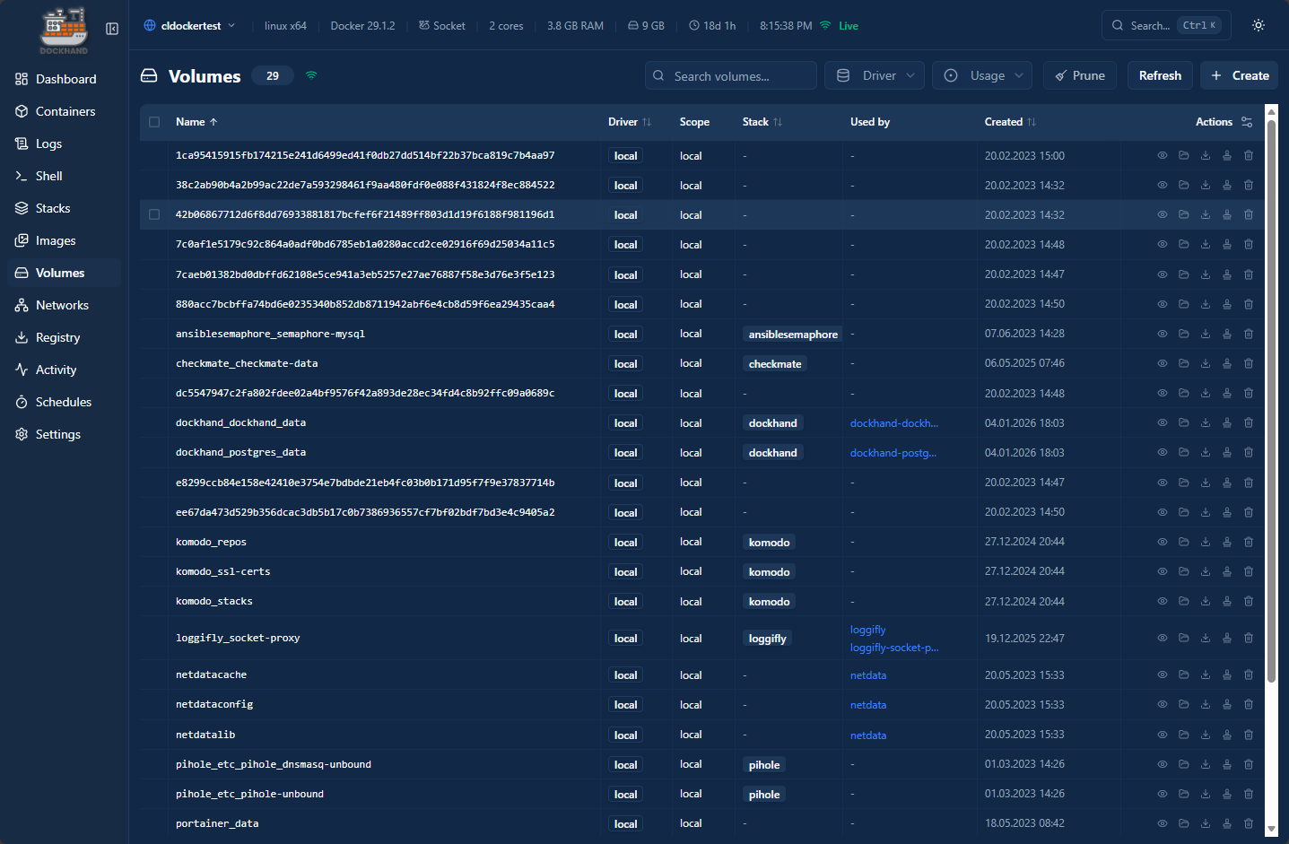 Viewing docker volumes in dockhand