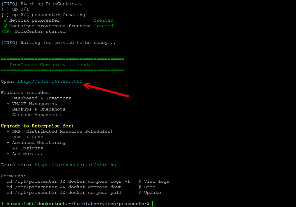 It shows you the address to browse to for the proxcenter interface