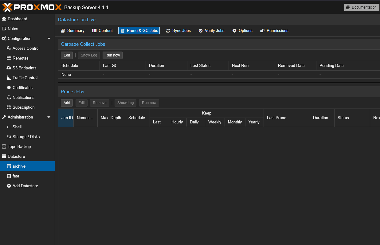 By default there are no prun or garbage collection jobs configured