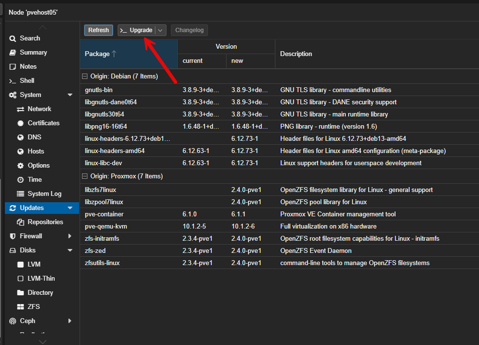 Clicking and running the updates with the update button