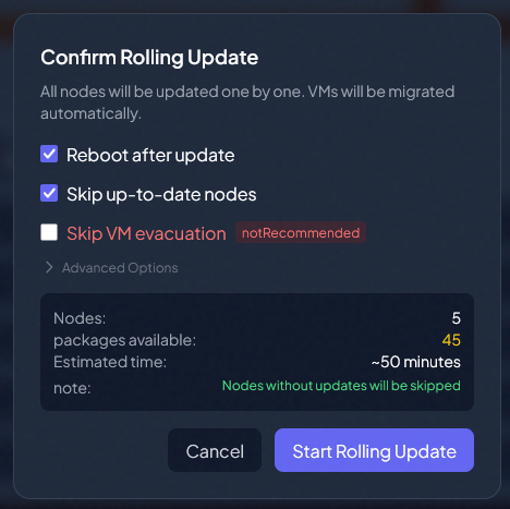 Clicking on the start rolling updates button and viewing options
