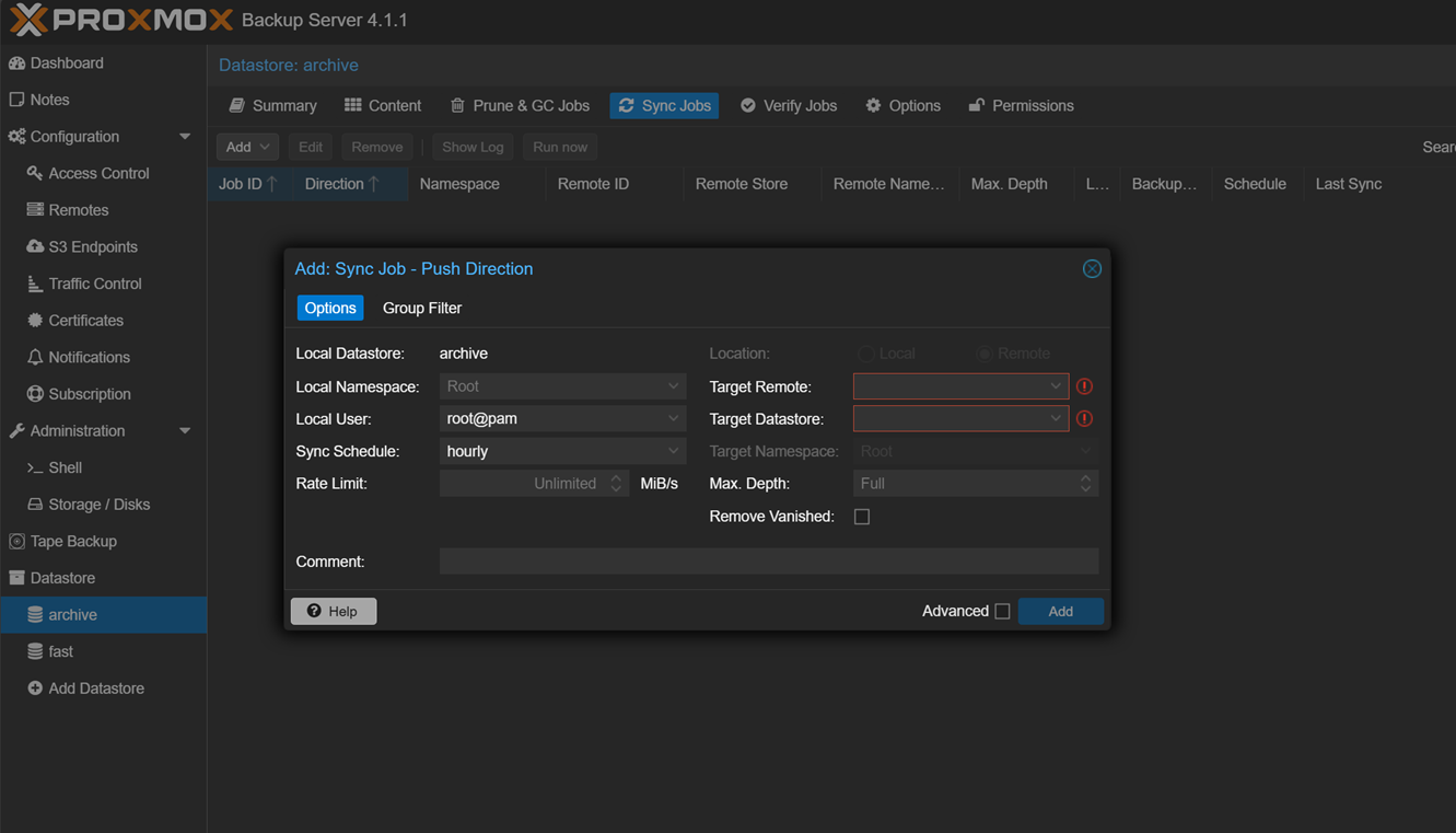 Configuring a new sync job in proxmox backup server