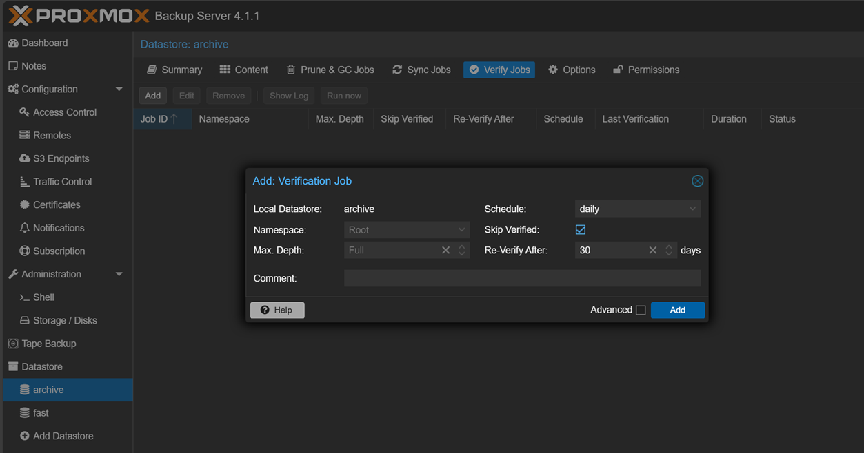 Configuring a verify job in proxmox backup server