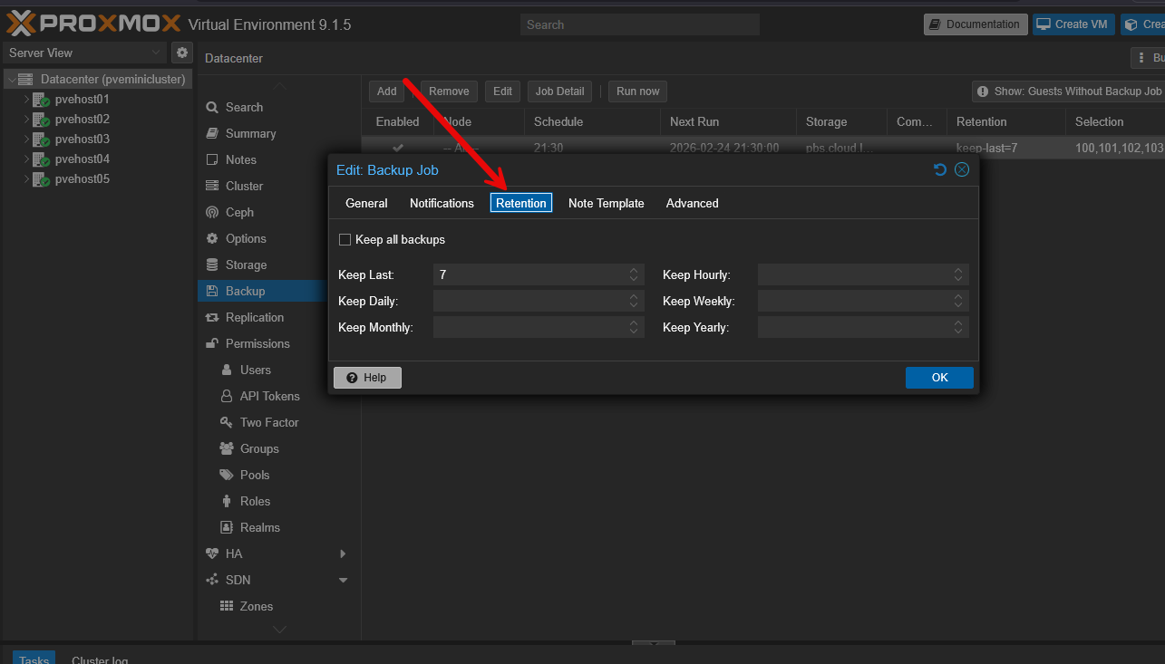 Configuring retention in proxmox ve web ui for