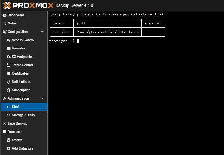 Confirm everything is listed correctly in proxmox backup server