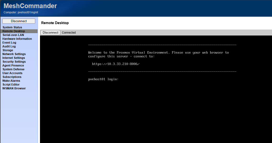 Connected to the remote console kvm connection using intel vpro to my proxmox home lab node