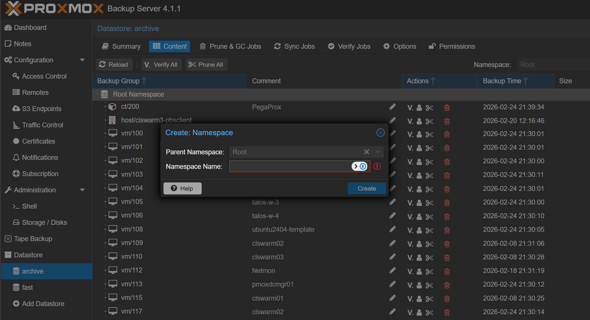 Creating a new namespace in proxmox backup server