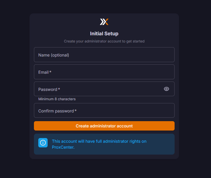 Creating the first admin account in proxcenter after installation