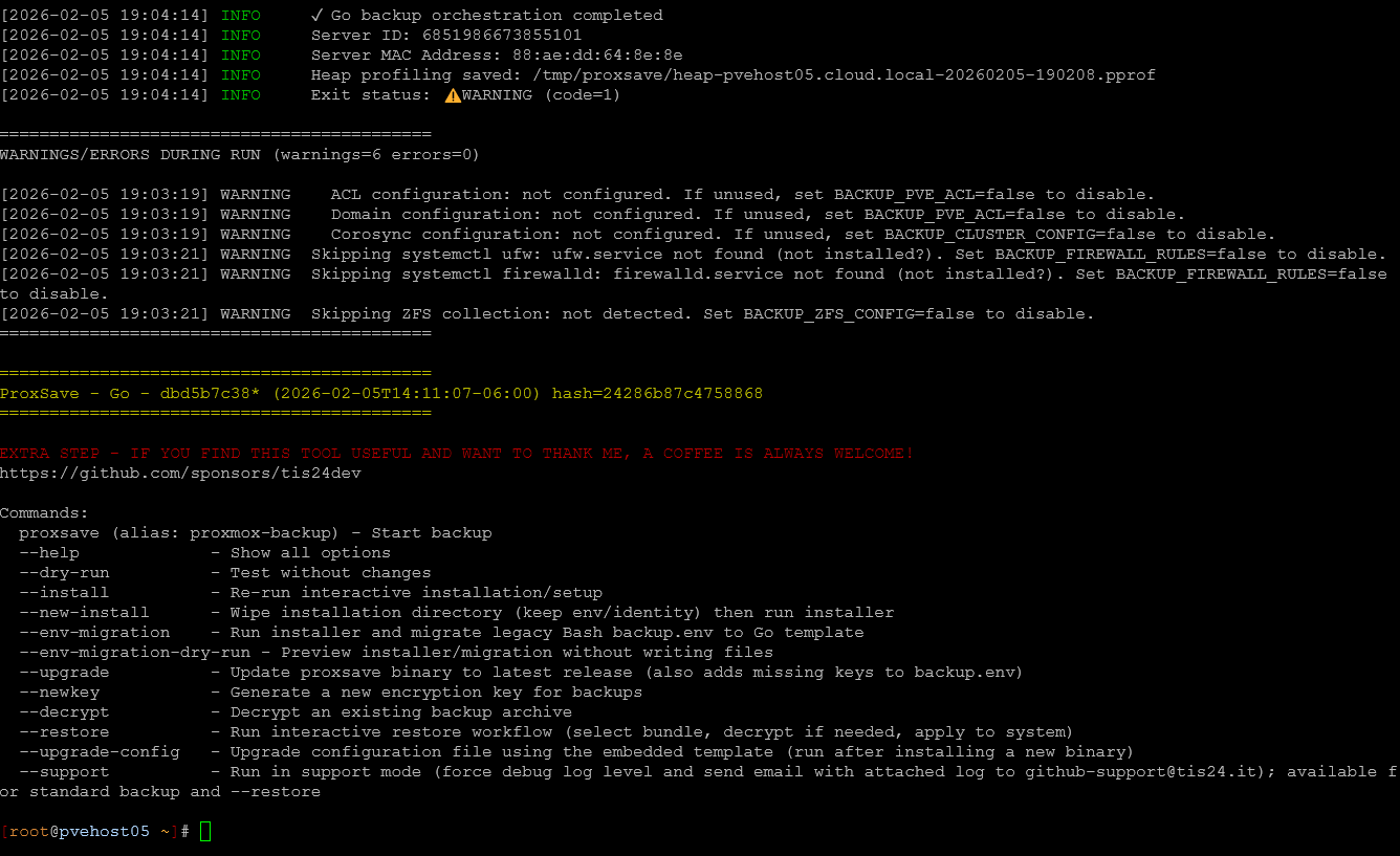 Finishing out the proxsave backup